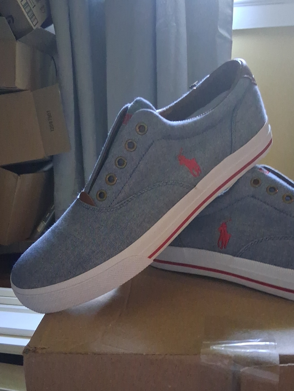 Polo by Ralph Lauren Light Gray Canvas Slip-On Sneakers with Red Logo